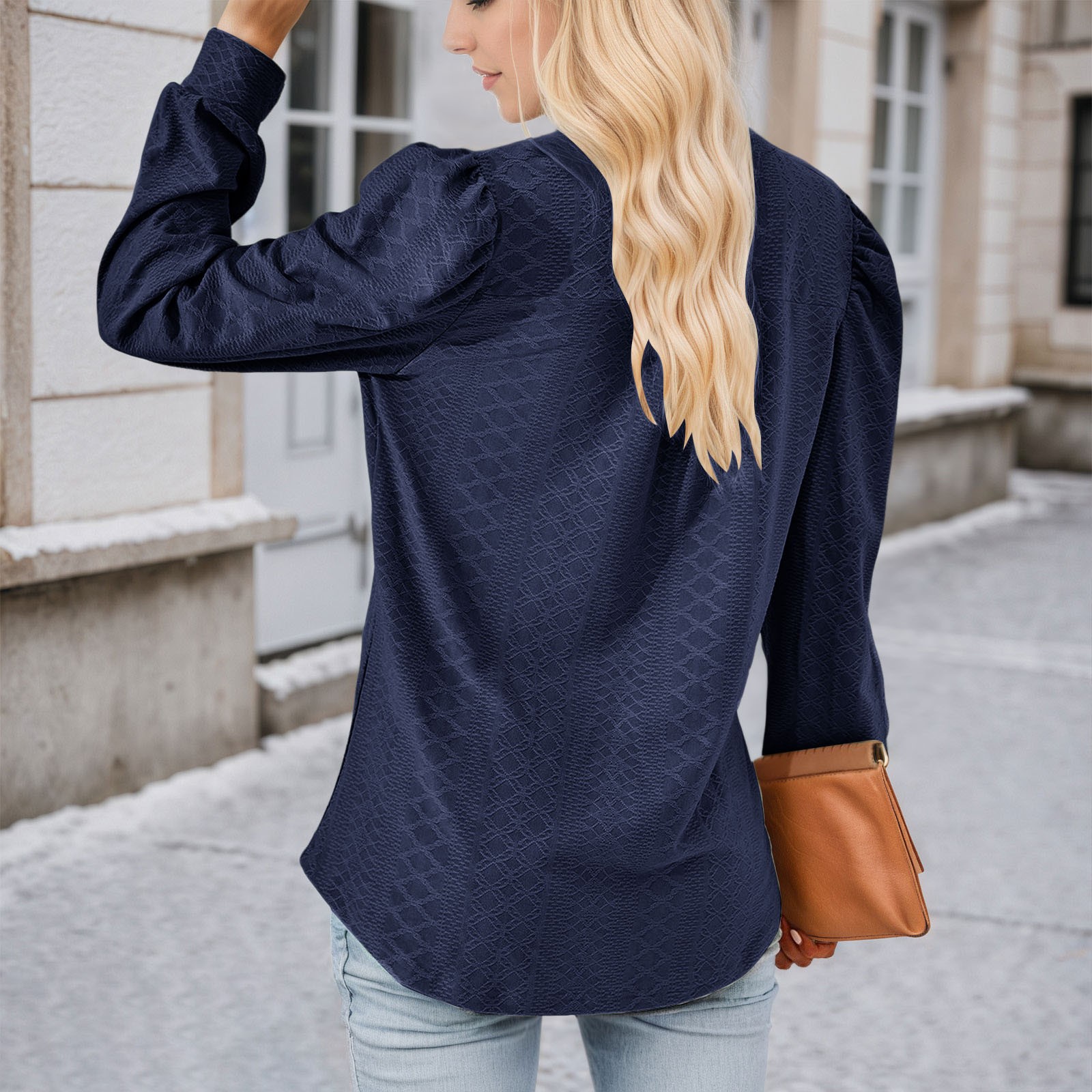 thumbnail image 4 of Top de manga larga con cuello en V y tejido jacquard para mujer - Camiseta holgada de color liso, 4 of 6
